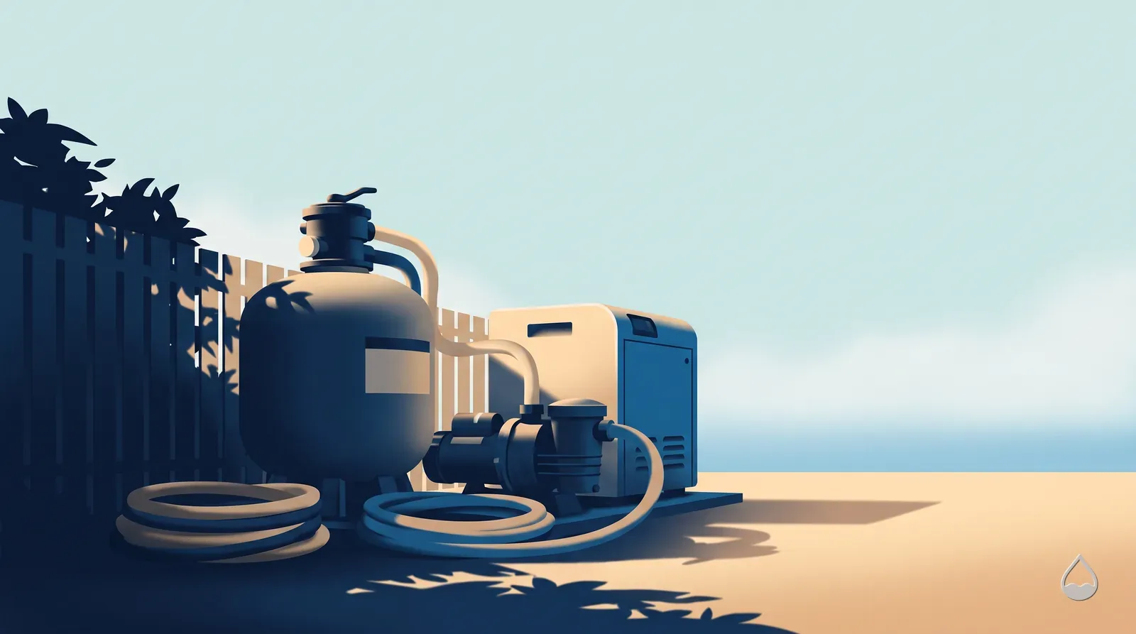 Painted view of an equipment pad in front of a slatted fence: a round sand filter tank, a pump and a heater cabinet with hoses coiled at their feet