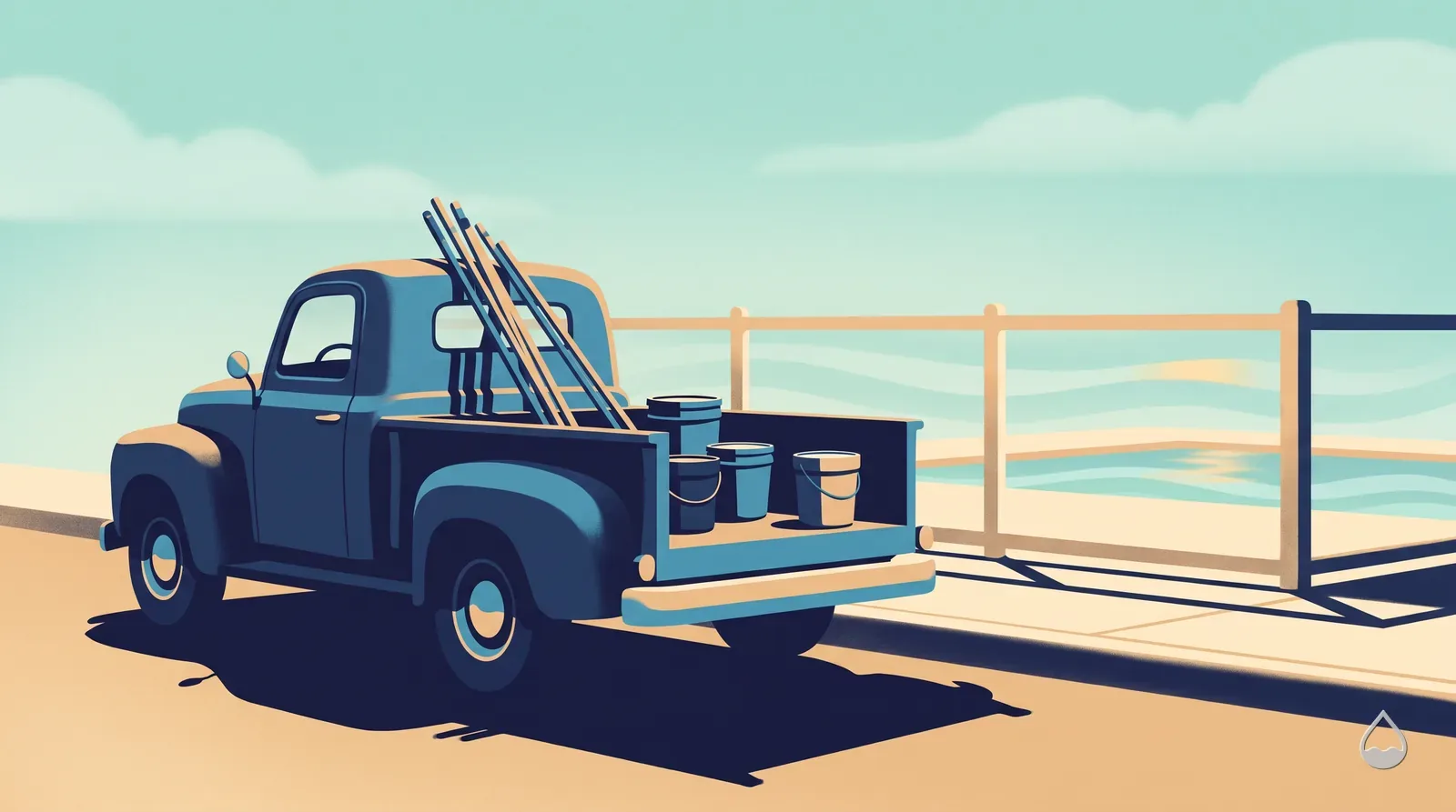 Painted view of a service pickup parked beside a pool fence, poles and chemical drums stacked in its bed