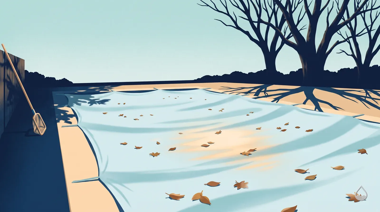Painted view of a pool at the turn of the season, brown leaves drifting on the surface under a bare tree, a pole resting on the coping
