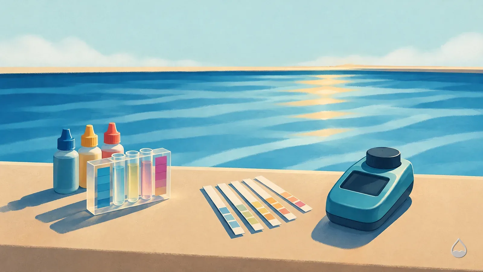 Painted view of three ways to test pool water laid on the coping: a drop kit with its comparator block, a fanned row of test strips and a small handheld photometer, turquoise water behind