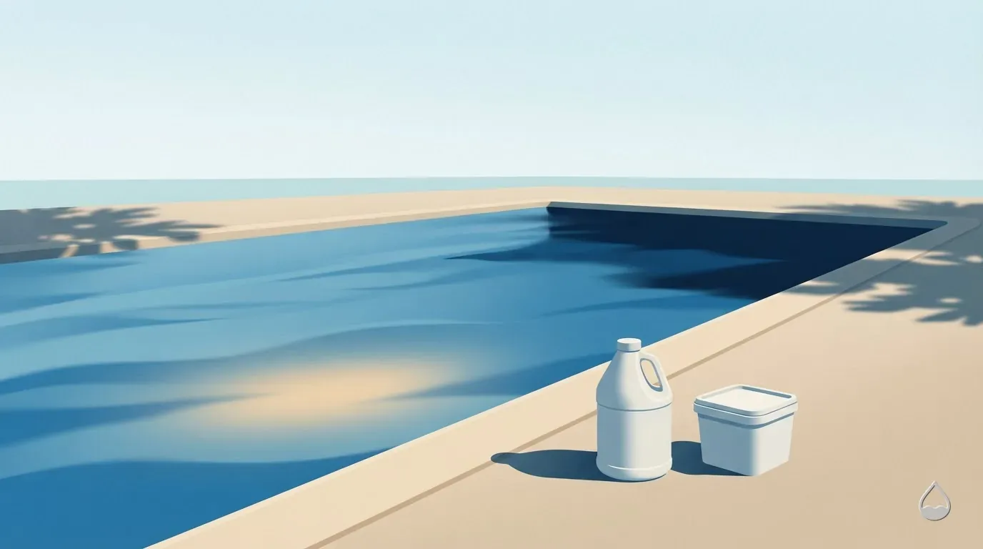 Painted view across a pool at early evening, a closed white chlorine jug standing beside a closed square tablet tub on the warm sand coping
