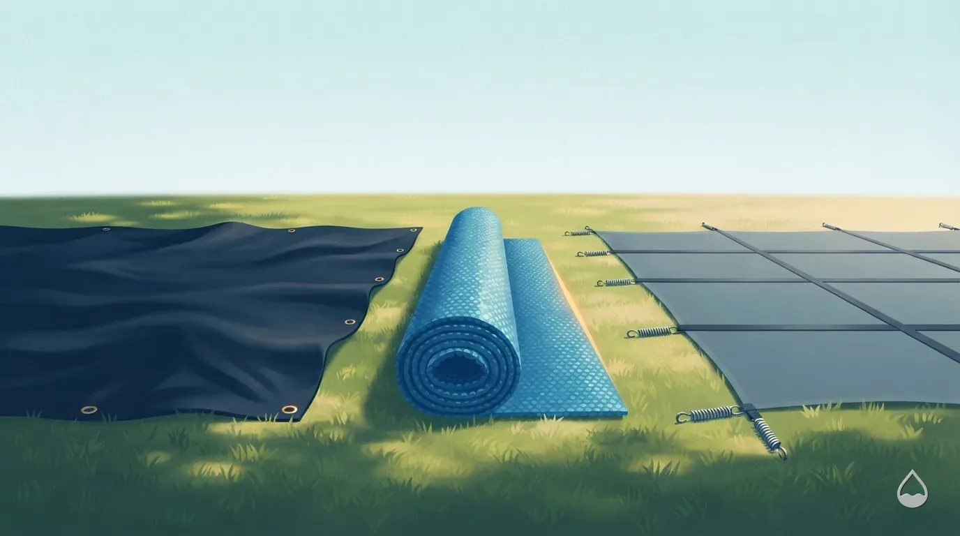 Painted view of three pool covers side by side on a lawn: a solid tarpaulin, a rolled bubble blanket and a strapped mesh safety cover