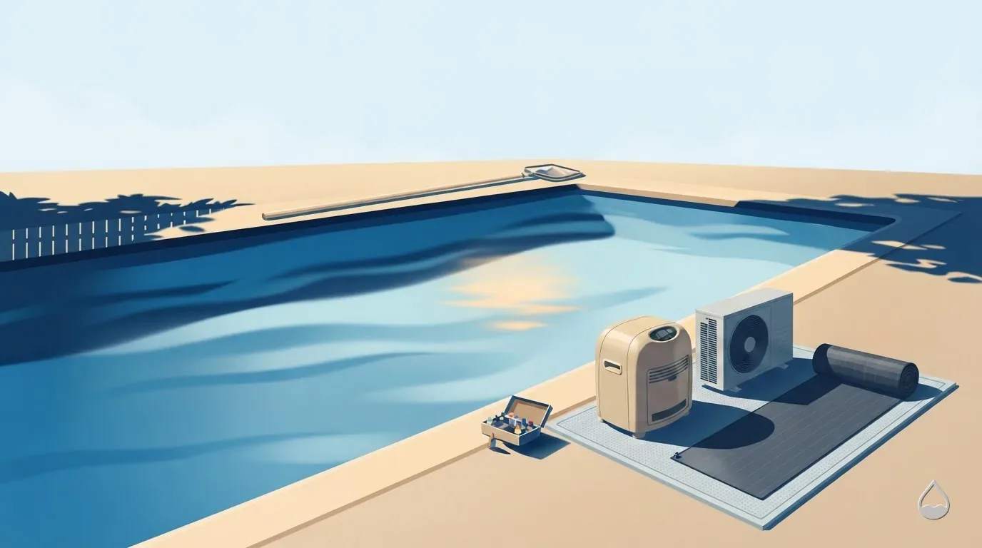 Painted view across a pool to an equipment pad holding all three heaters side by side: a cream gas cabinet, a heat pump with its round fan grille, and a rolled black solar mat