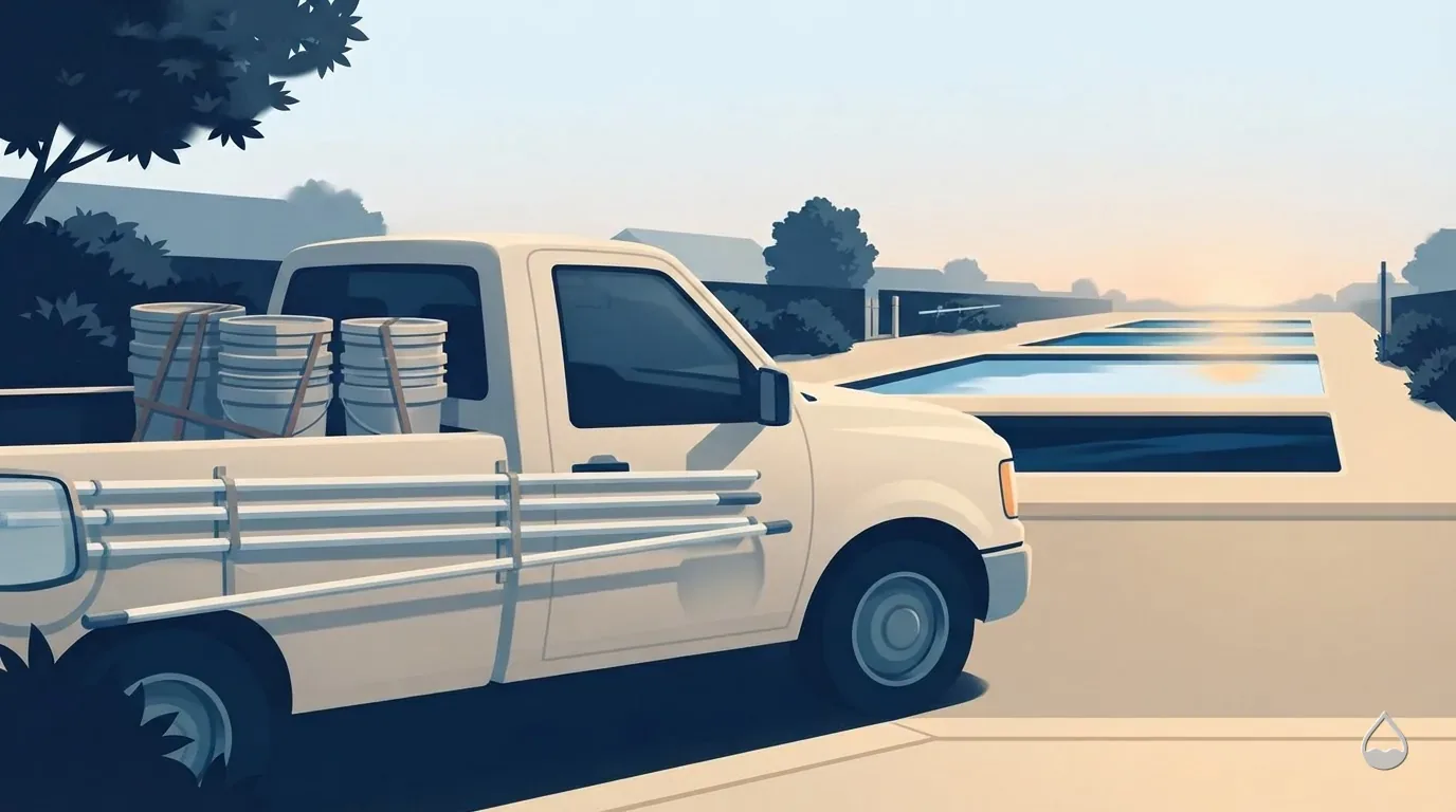 Painted hero image: a pool-service truck at the kerb, poles racked and buckets stacked, backyard pools behind