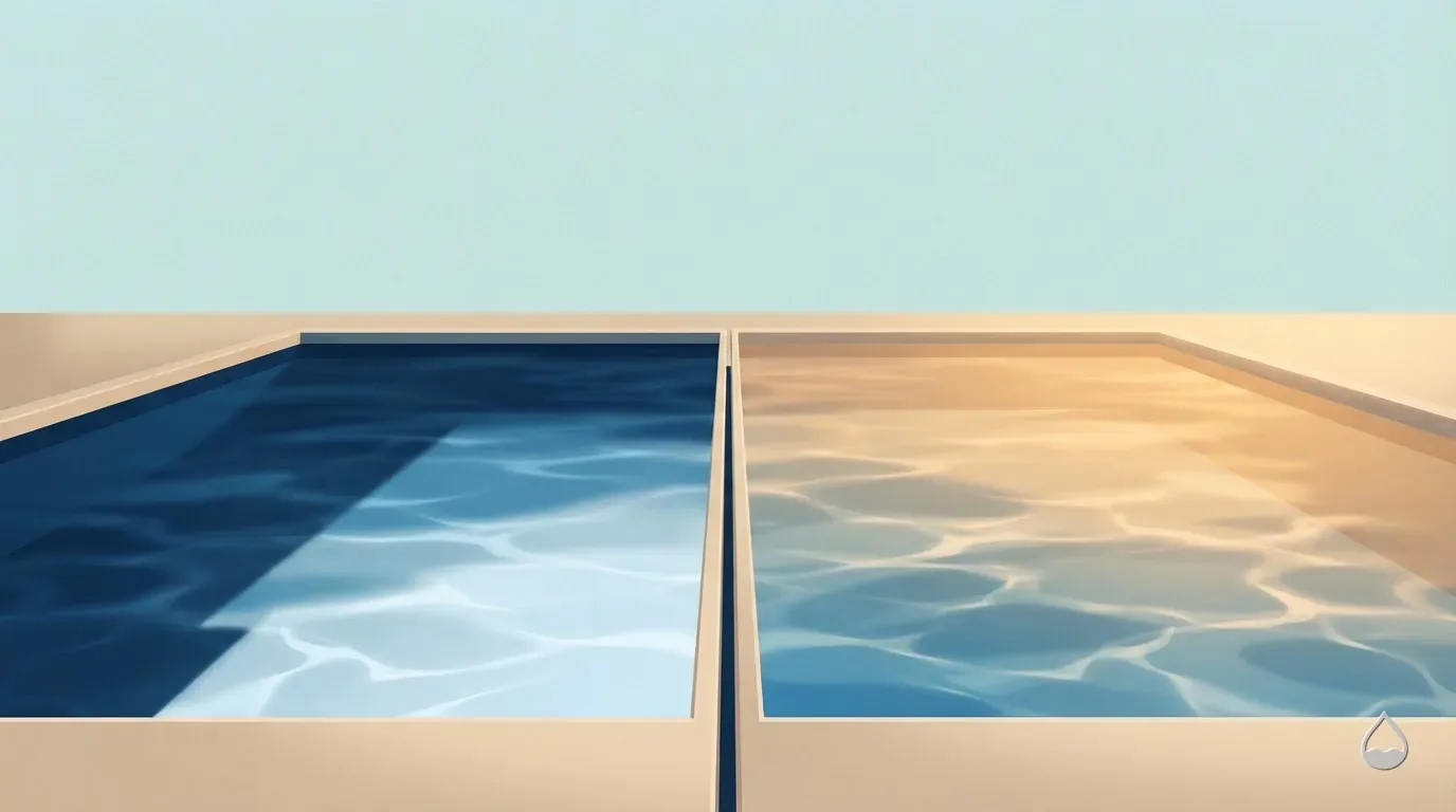 Painted view of two identical full pools side by side, one lit cool blue-green and one warm gold