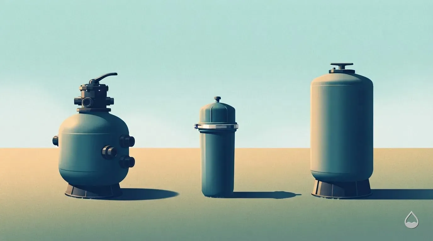 Painted view of three unconnected pool filters: a sand tank with a multiport valve, a clamp-banded cartridge housing and a DE tank with a bump handle