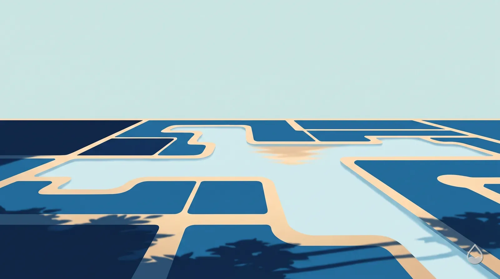 Painted overhead view of several backyard pools laid out across a neighbourhood block