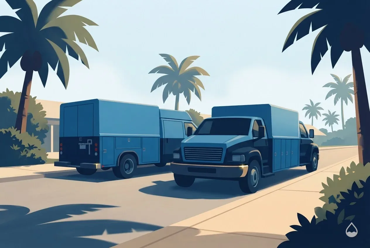 Painted illustration: two service trucks parked nose to tail on a quiet street