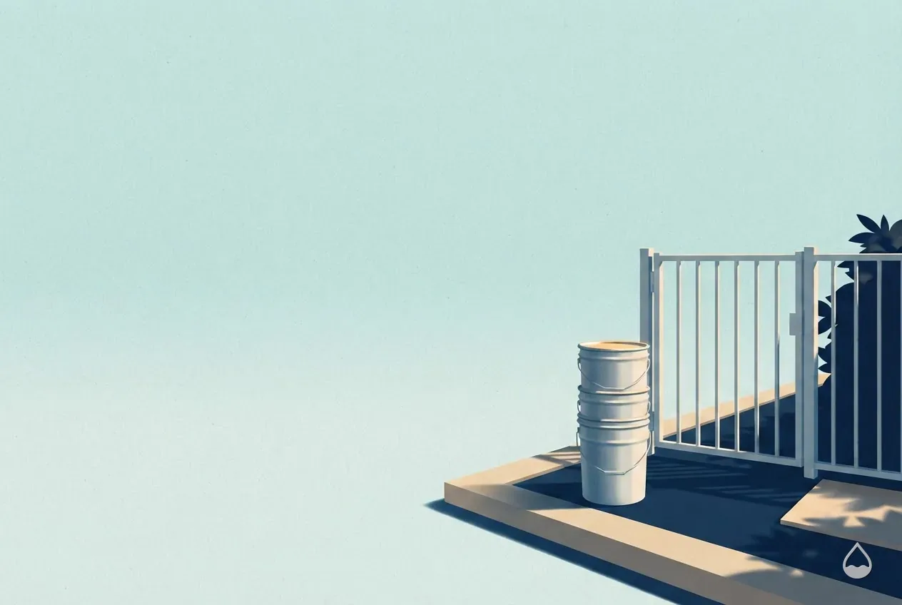 Painted illustration: a stack of closed buckets on a kerb beside a fence gate