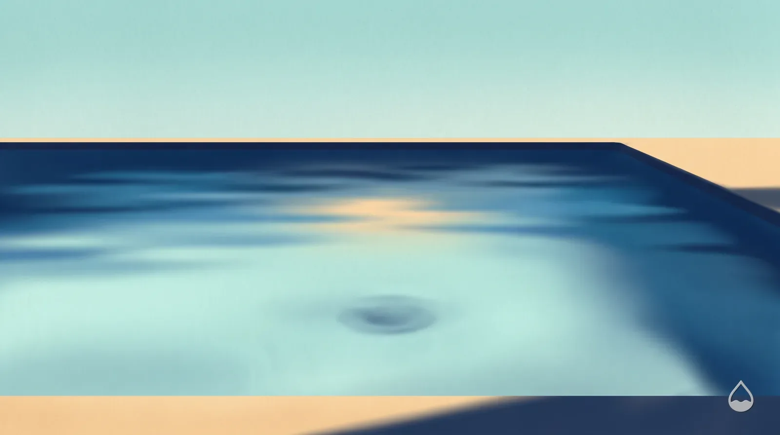 Painted close view across a milky pale-turquoise pool surface with the main drain only a faint smudge below