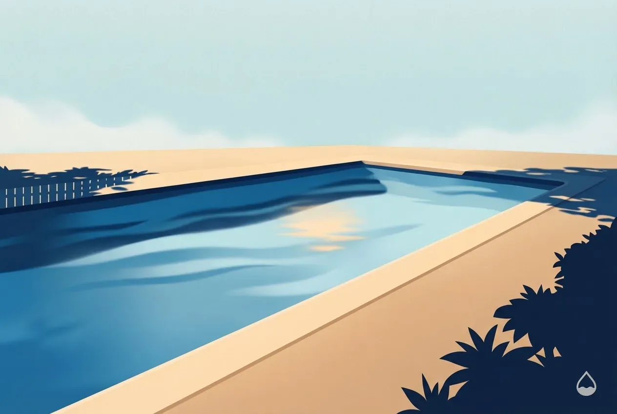 Painted illustration: a pool floor seen through cloudy water, tile line sharp above