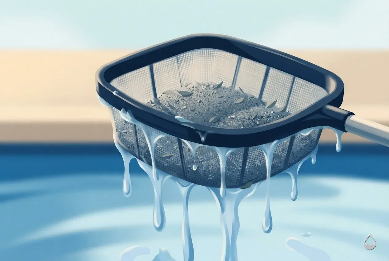 Painted close view of a lifted skimmer net packed with fine debris, water dripping from the mesh