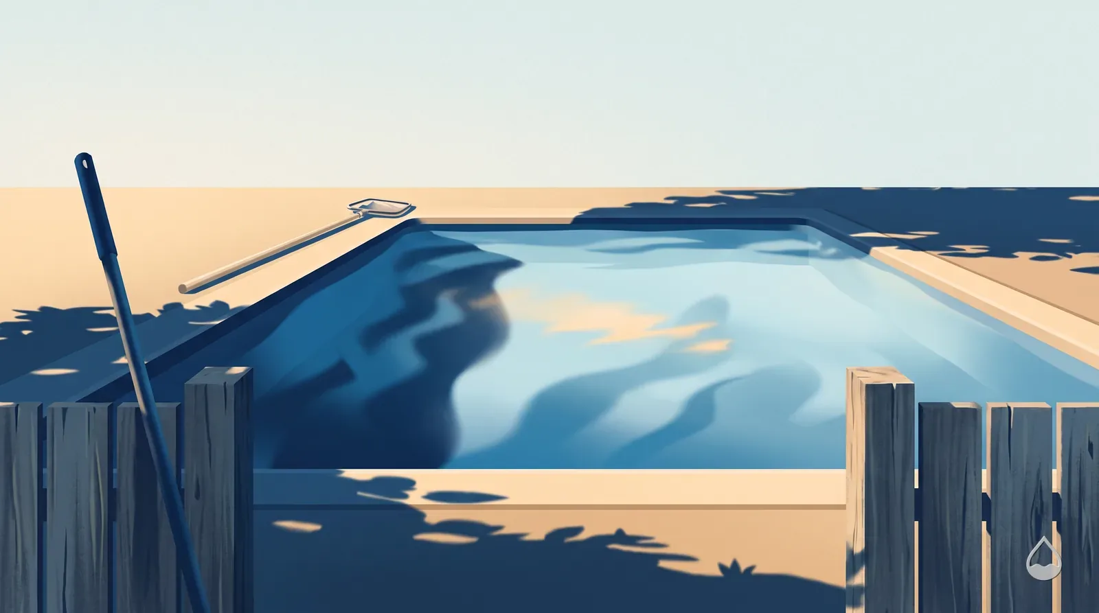 Painted view of a pool seen over a weathered fence with a service pole leaning against the boards