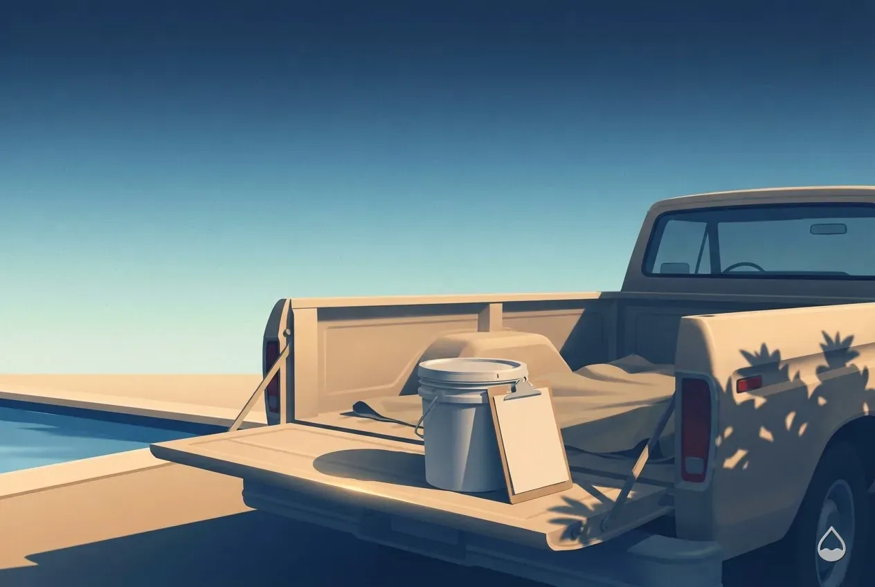Painted illustration: a clipboard and closed chemical bucket on a truck tailgate