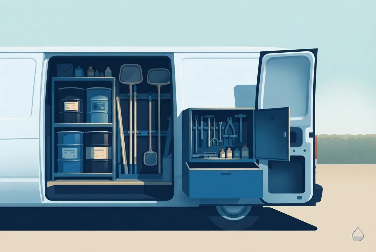 Painted view into the open side door of a service van at dusk, chemical drums and poles racked inside