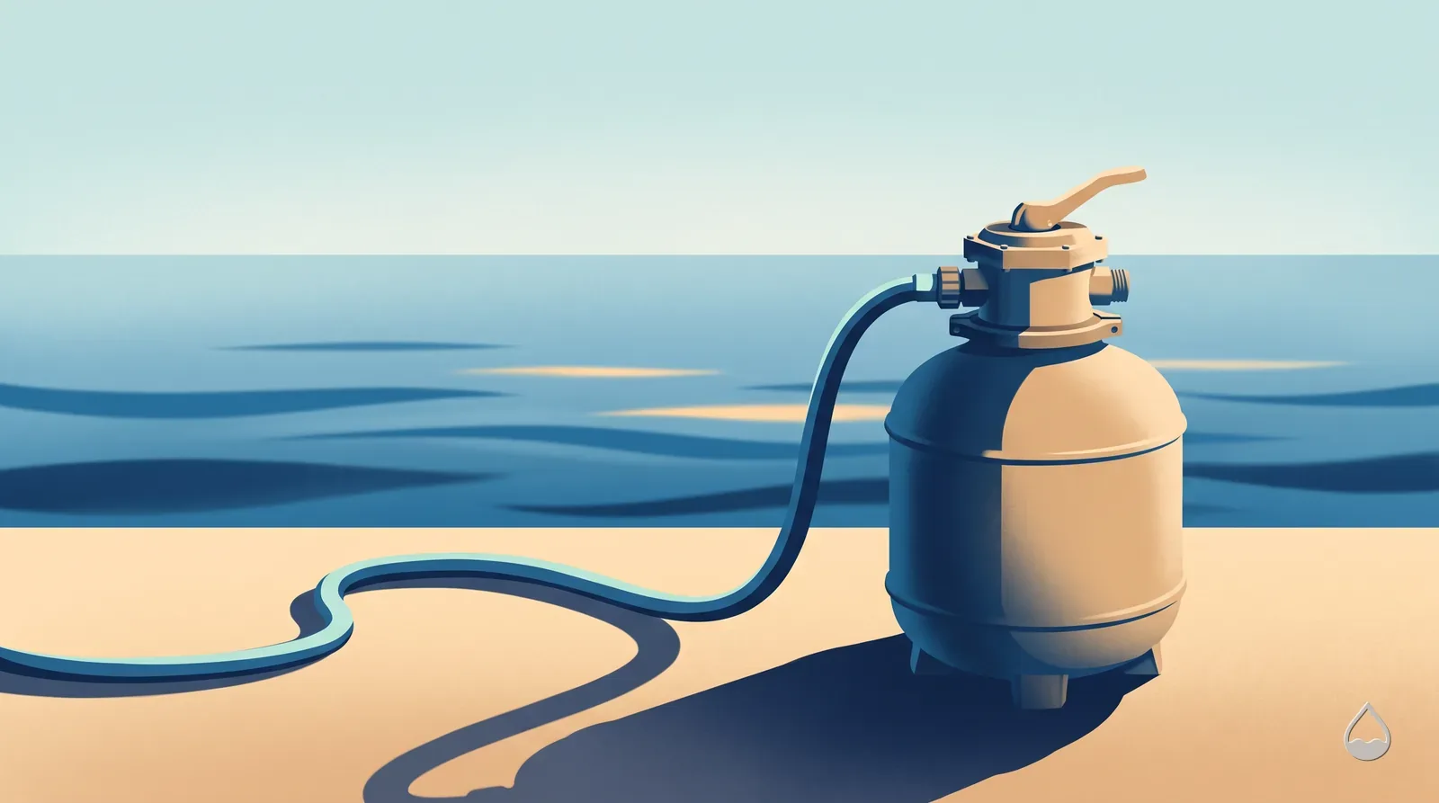 Painted view of a sand filter tank with its multiport valve on top and a backwash hose run out across the deck