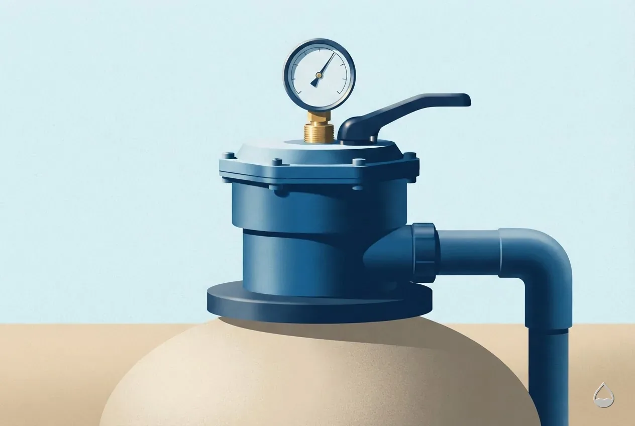 Painted close view of a multiport valve on a sand filter, its pressure gauge needle standing high in the upper third of the dial