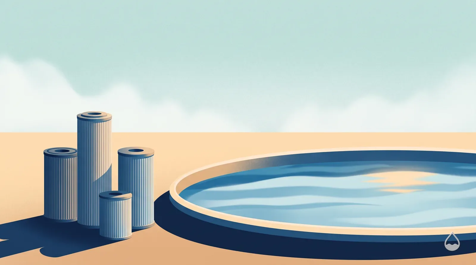 Painted view of four pleated cartridge elements standing drying on the deck beside a round pool