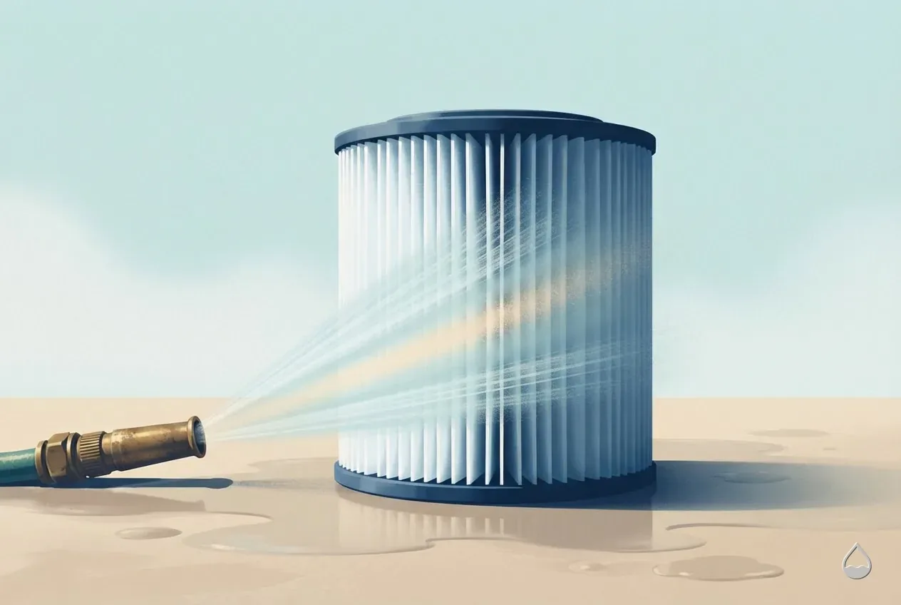 Painted illustration: a pleated cartridge on a wet deck, a hose fan spray washing between the pleats