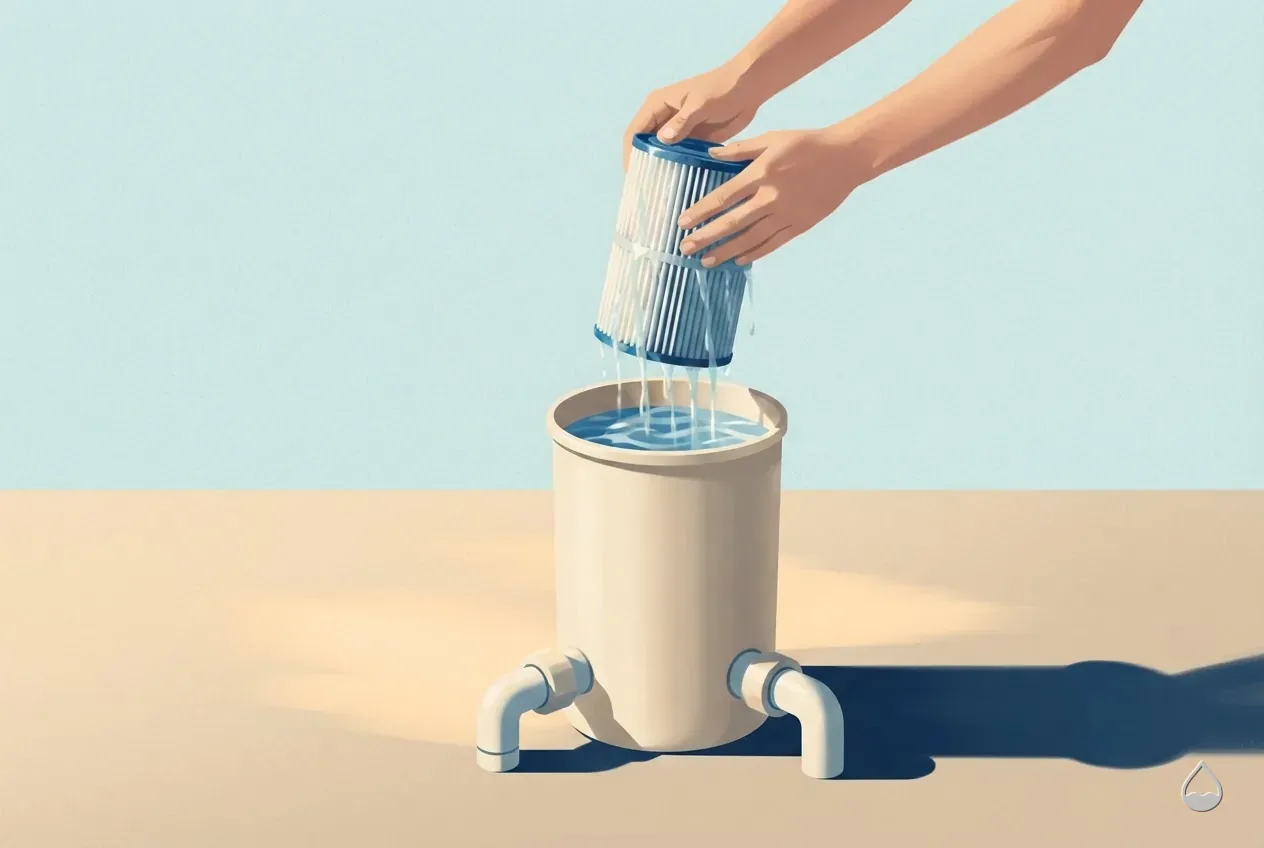 Painted view of hands lifting a pleated cartridge out of an open filter housing plumbed at its base