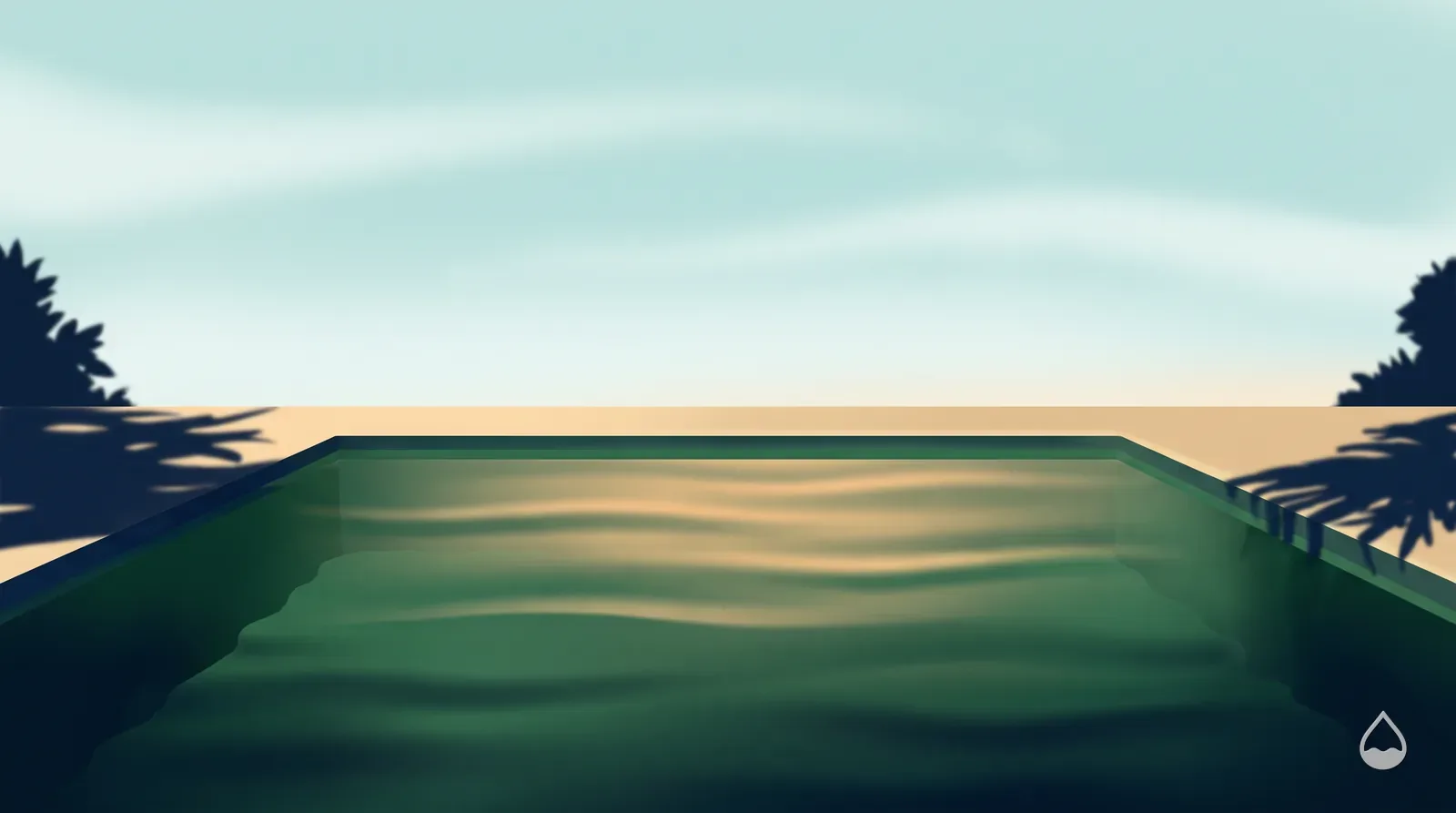 Painted view of a pool gone opaque green under a pale sky, the far coping barely reading against the algae