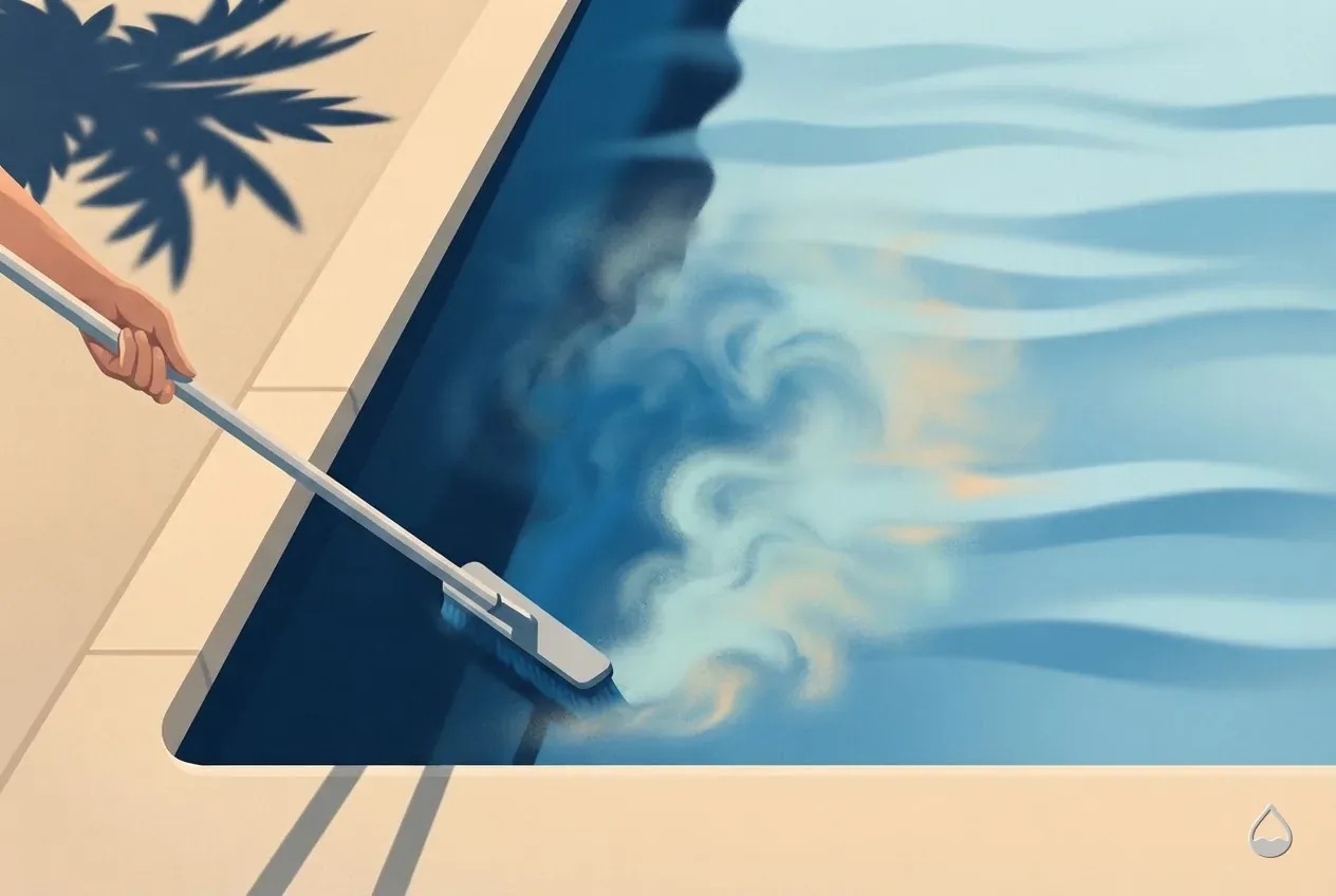 Painted illustration: a brush sweeping a pool wall, cloud of sediment rising