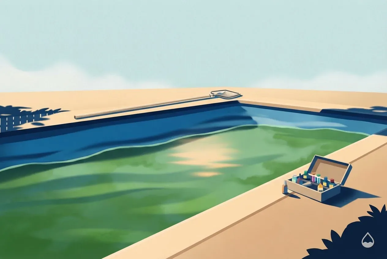 Painted illustration: a pool half cleared, one end still green and one end blue