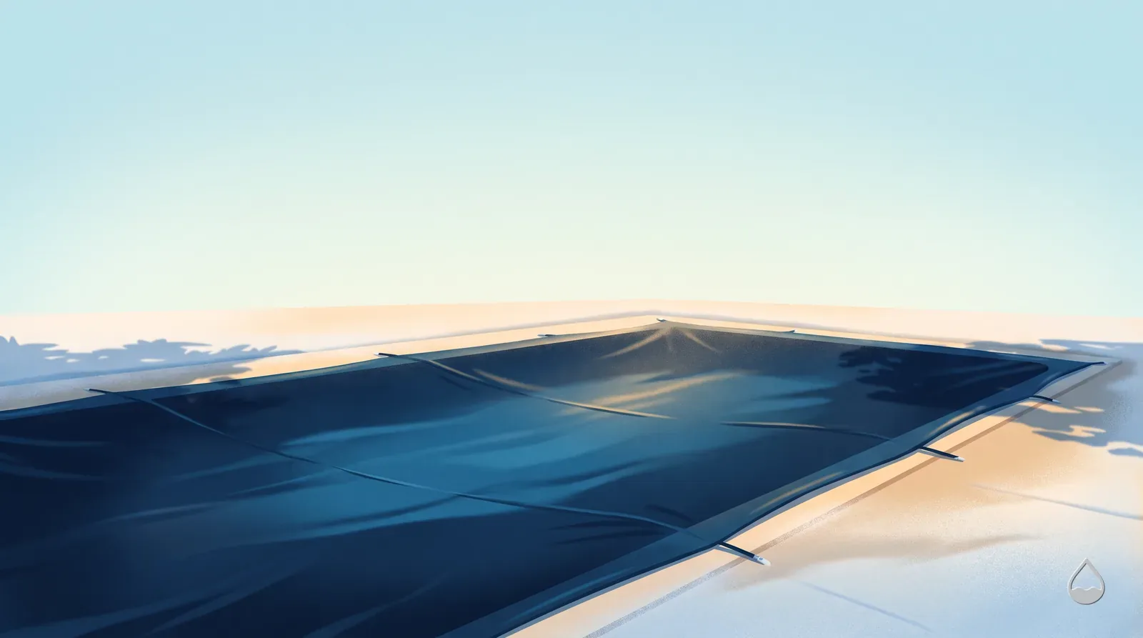 Painted view of a pool under a taut dark winter cover anchored at the deck edge