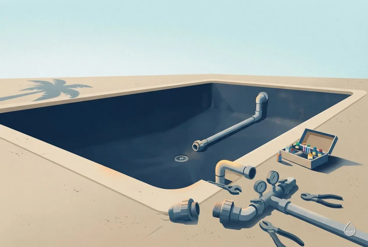Painted illustration: an equipment pad drained for winter, unions open