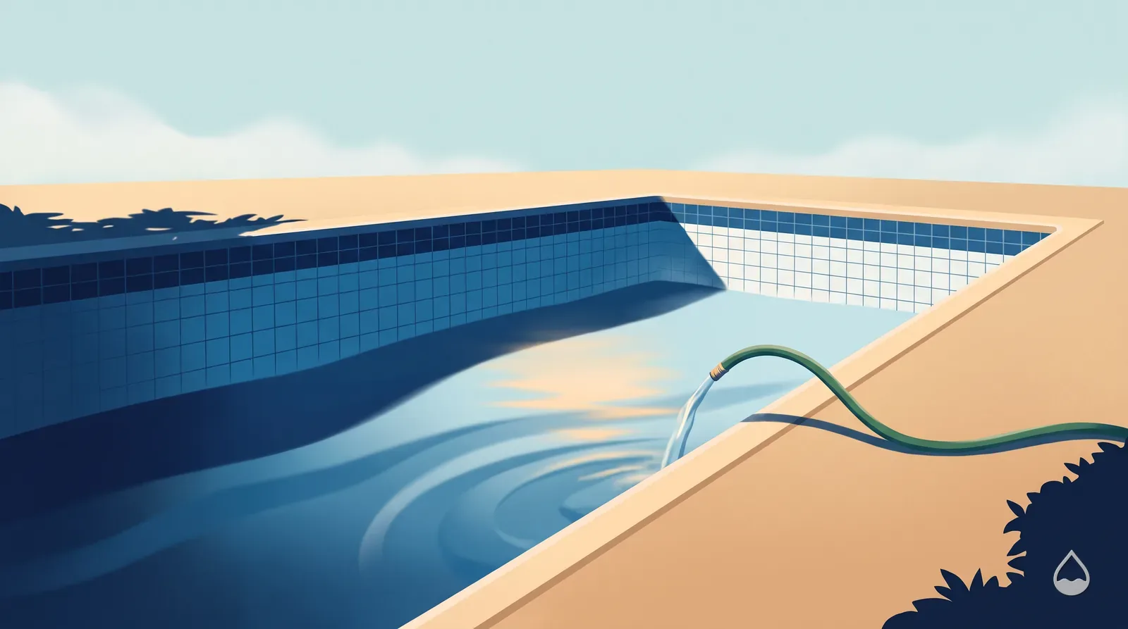 Painted view of a garden hose running fresh water into a tiled pool during a partial drain and refill