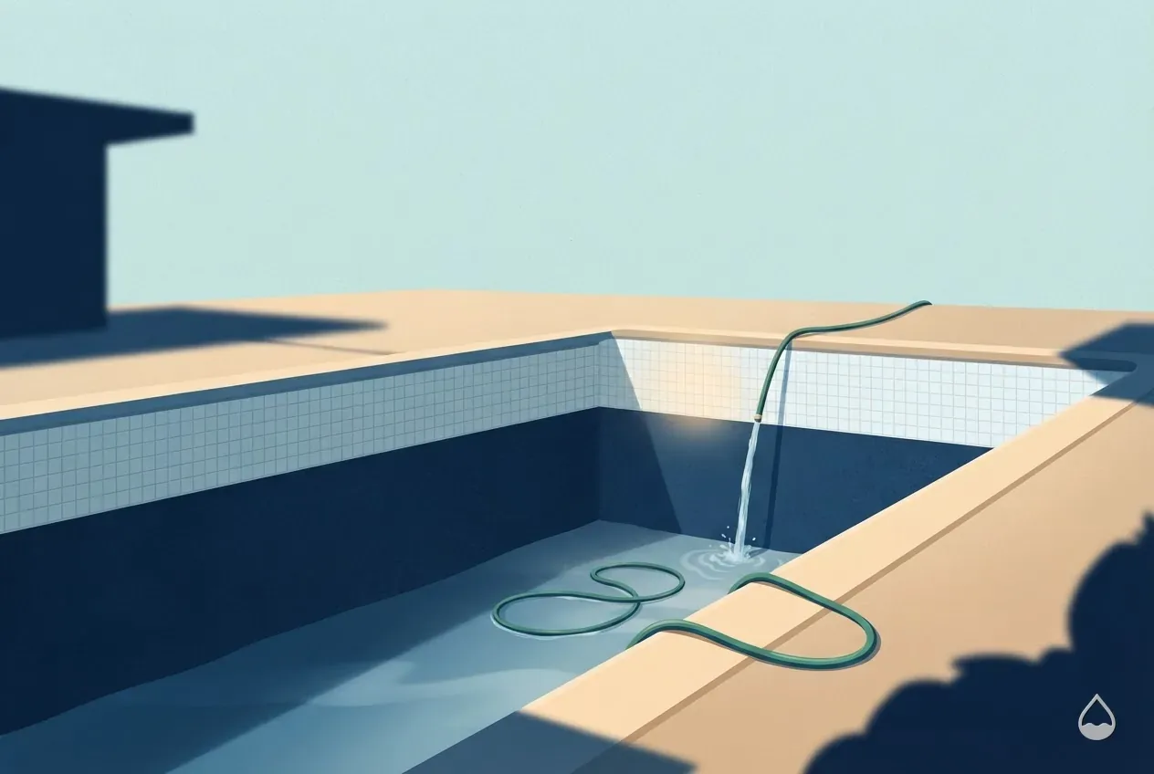 Painted illustration: a pool drained below its tile line, a hose over the coping refilling it