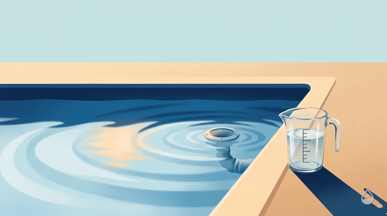 Painted view of acid dispersing in slow rings across a pool surface, a graduated measuring jug standing on the coping