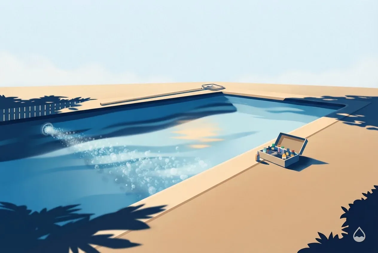 Painted illustration: an aerated pool return sending a column of bubbles across the water