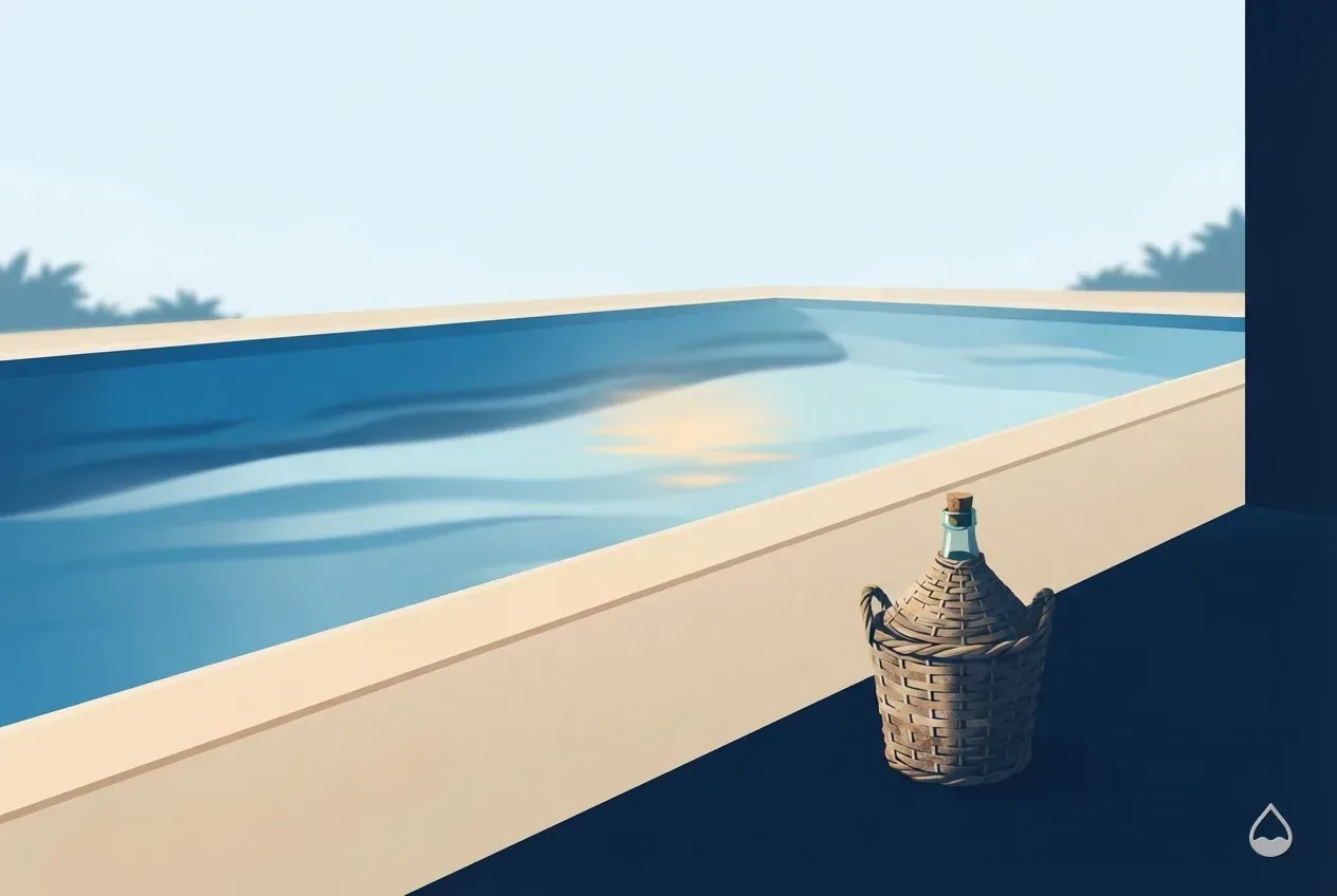 Painted illustration: a closed acid carboy standing upright on a sand deck in shade