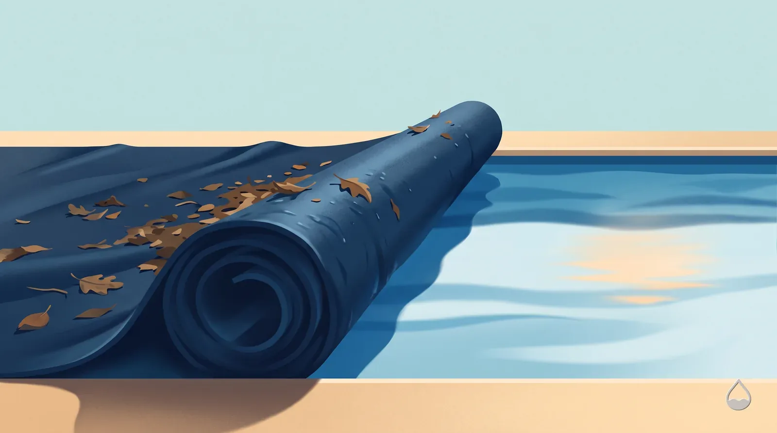 Painted close view of a wet winter cover rolled back off a pool, leaves caught in its folds
