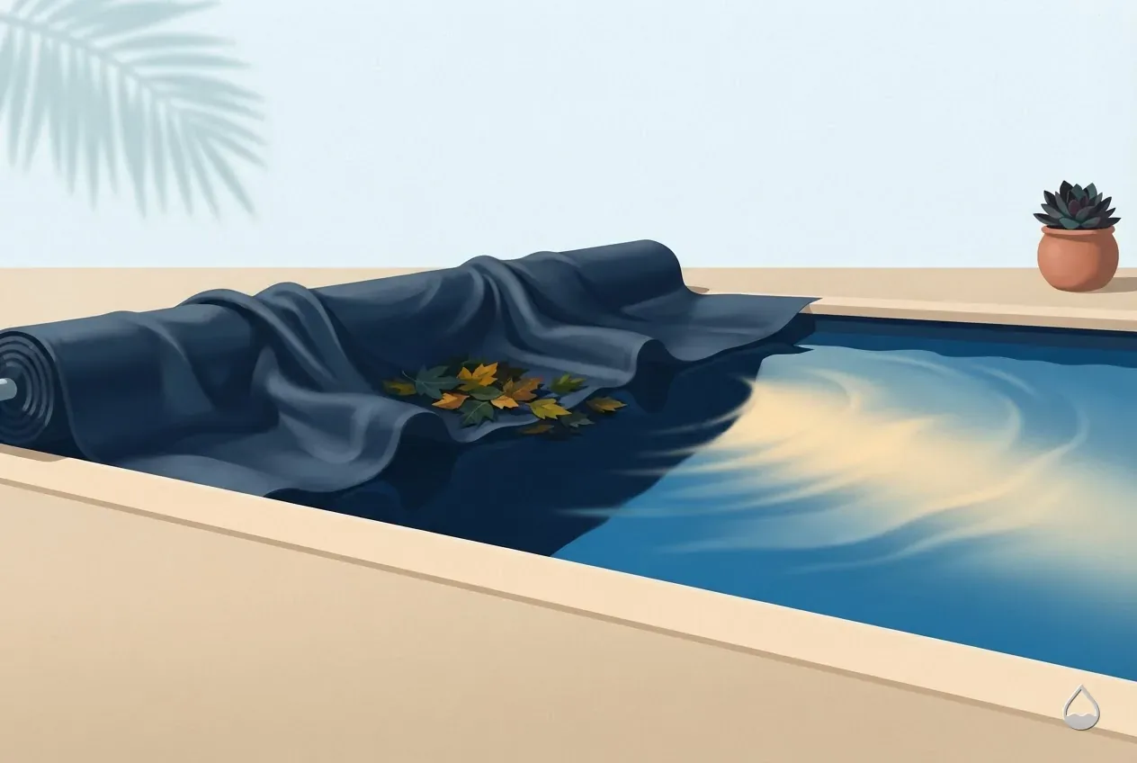 Painted close view of a pool cover folded back halfway with wet leaves caught in the fold