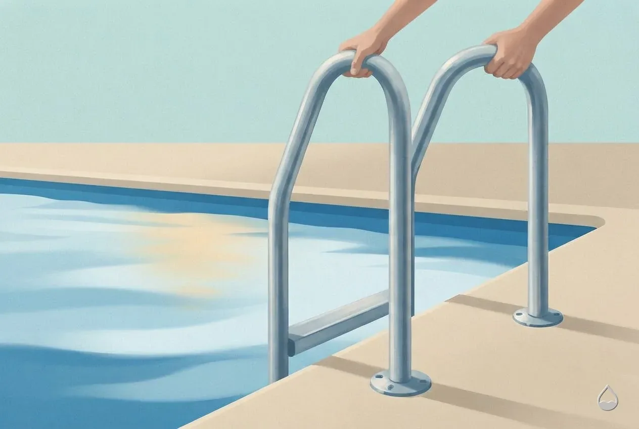 Painted close view of a stainless pool ladder being lowered into its two deck anchor sockets, hands on the rails