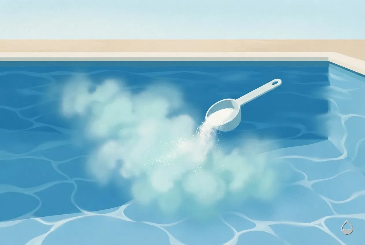 Painted view of bicarbonate dispersing as a pale plume over the deep end of a sunlit pool
