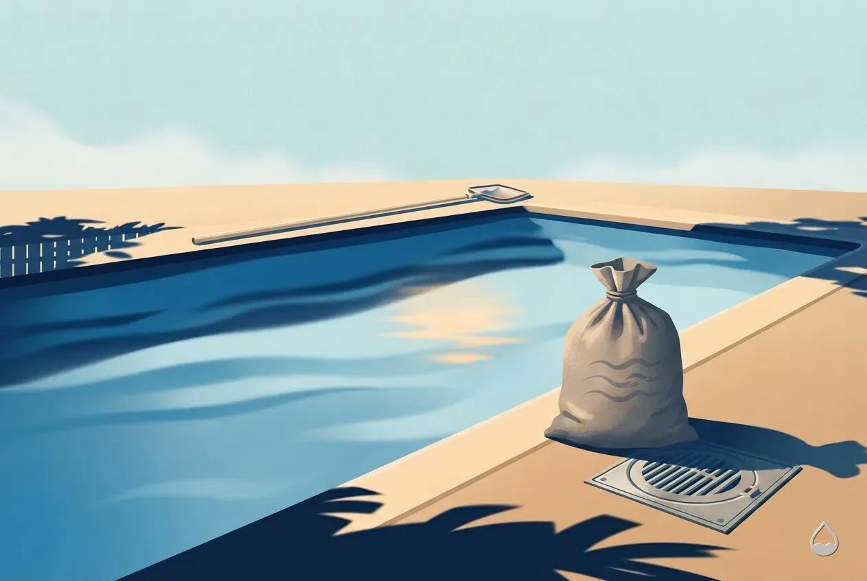 Painted illustration: a closed bicarbonate sack on a sand deck beside a skimmer lid