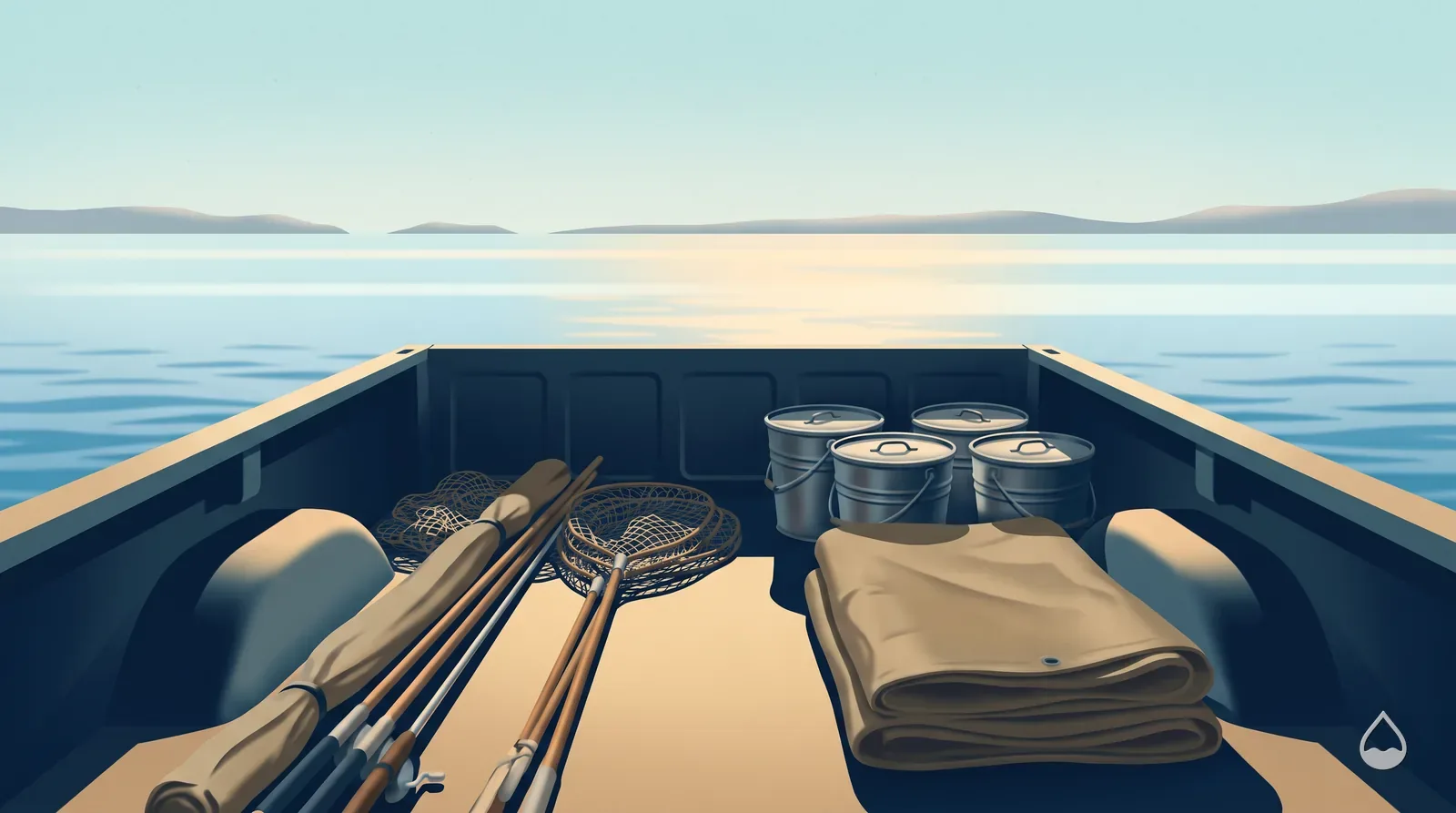 Painted view down into a truck bed loaded for a route: poles, nets, stacked chemical buckets and a folded tarpaulin