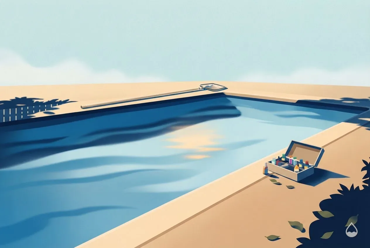 Painted illustration: a first stop of the morning, low sun over a small backyard pool
