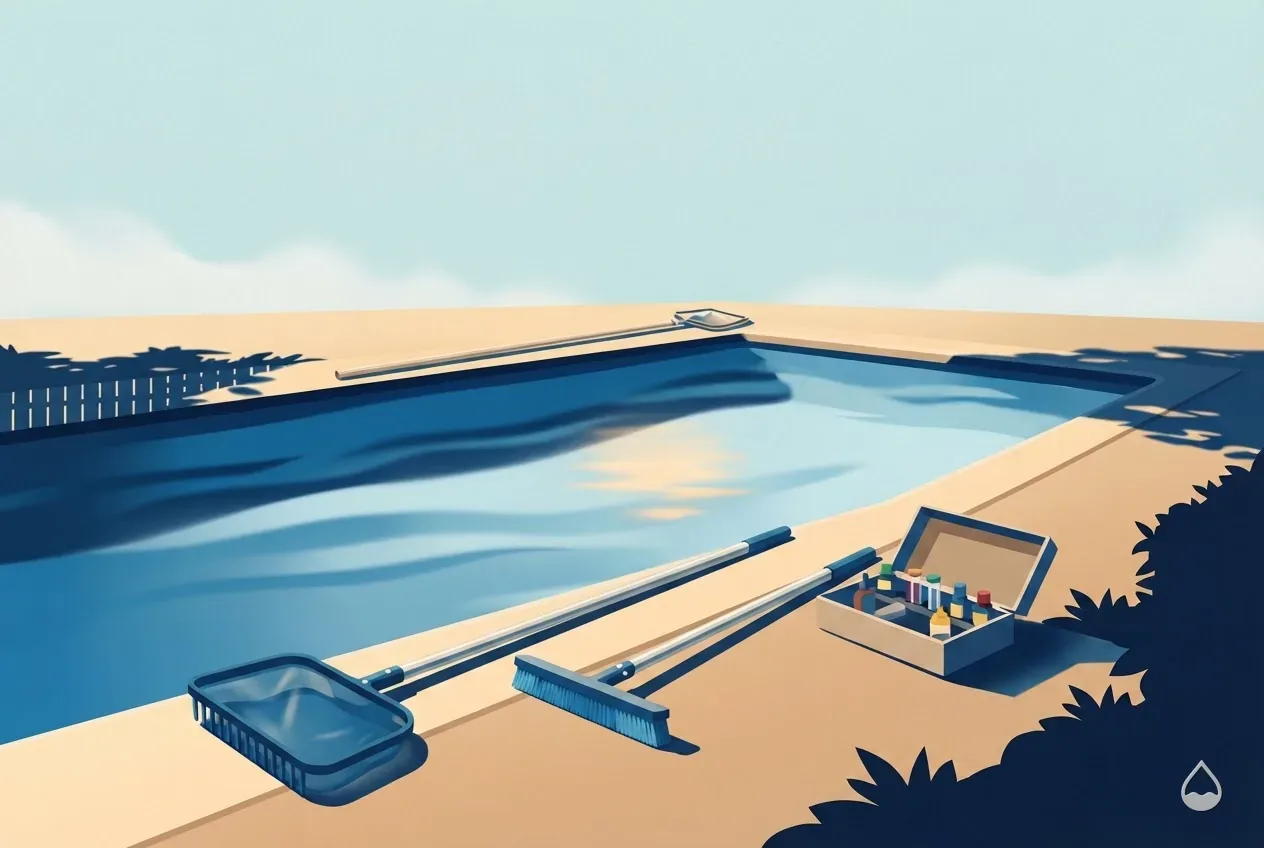 Painted illustration: a laid-out route kit on a sand deck: leaf rake, brush, test kit