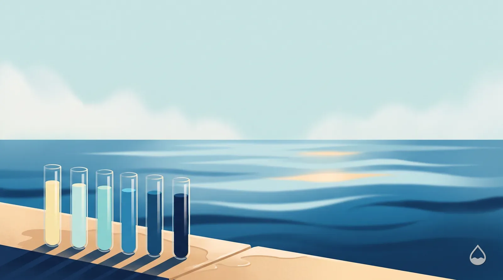 Painted view of a row of comparator tubes standing on the coping, each filled a different test colour from yellow to deep navy, water beyond