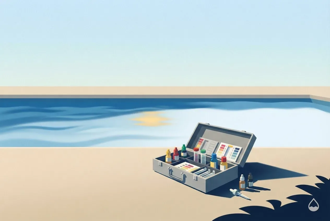 Painted illustration: a test kit and reagent bottles laid out on a sand deck