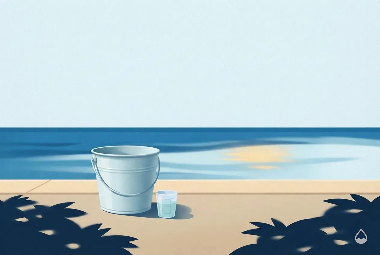 Painted illustration: a hand-free close view of a dosing cup resting beside a closed bucket
