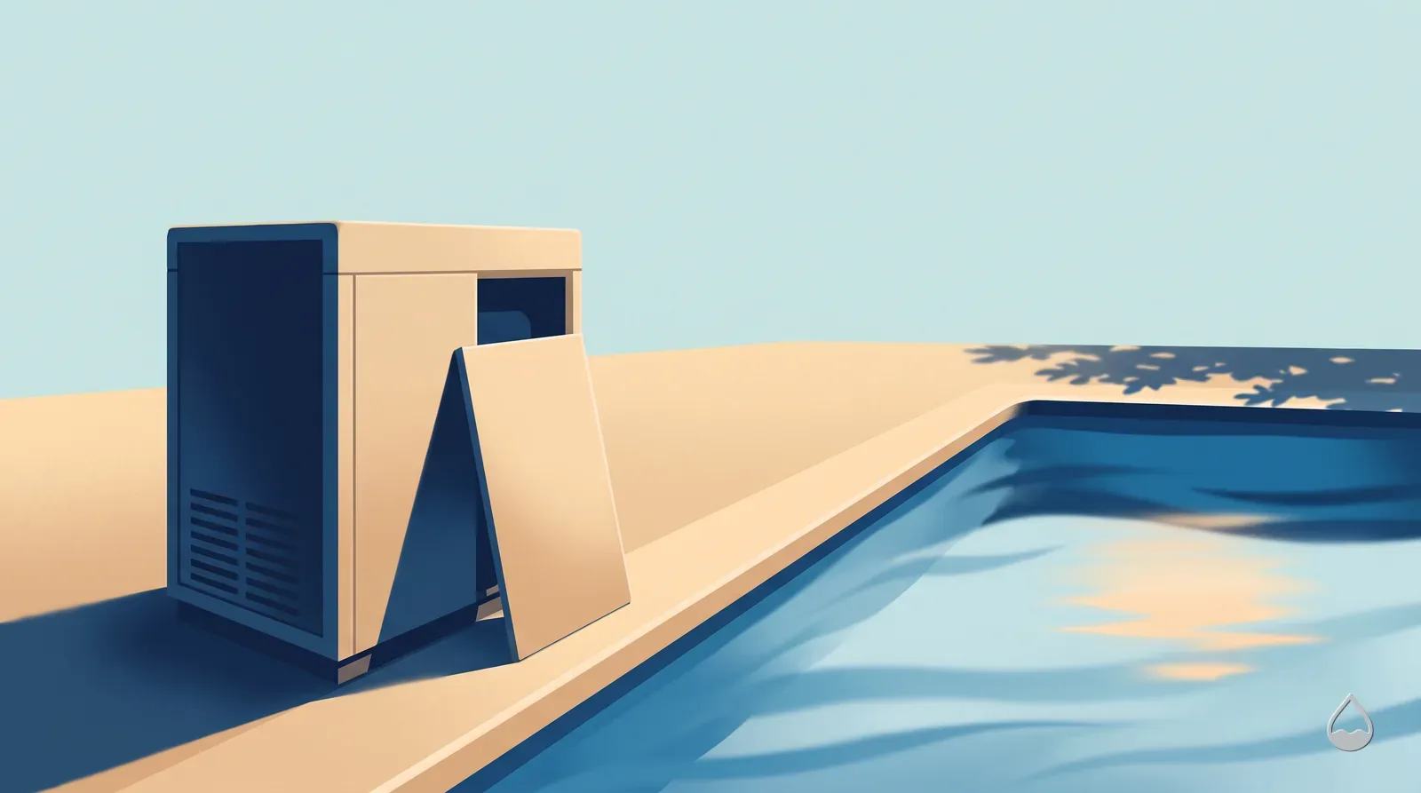 Painted view of a pool heater cabinet standing open on its pad at the end of a pool