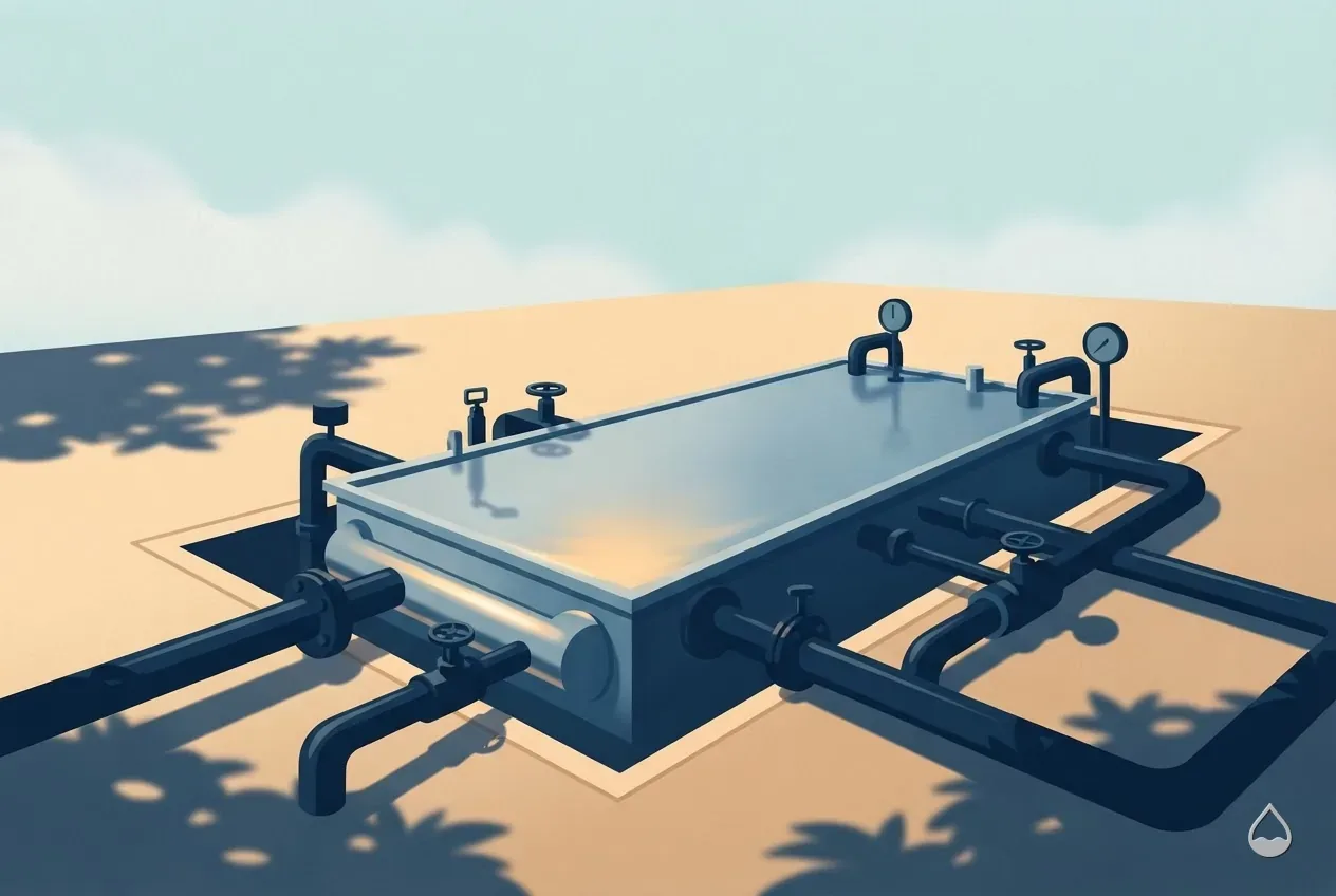 Painted illustration: the top of a heater exchanger seen from above, pipework in navy