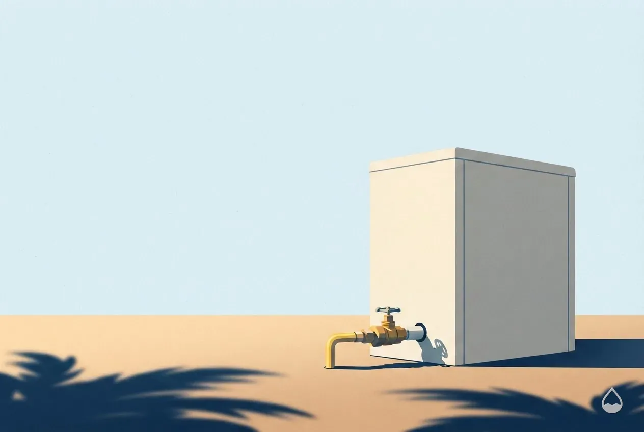 Painted illustration: a gas line and union at the base of a heater cabinet