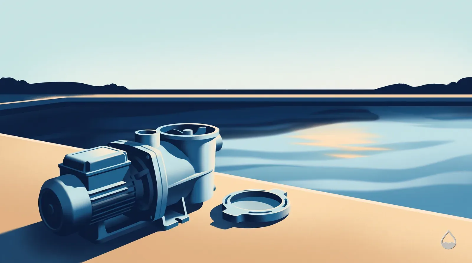 Painted view of a pool pump lifted onto the deck with its strainer lid and basket set beside it