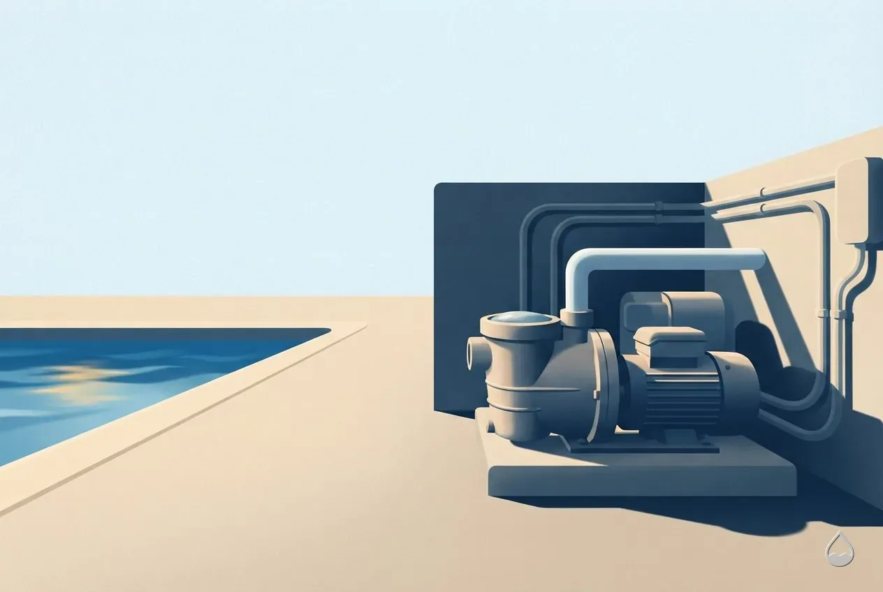 Painted illustration: a pump motor seen from the side on its base, wiring conduit behind